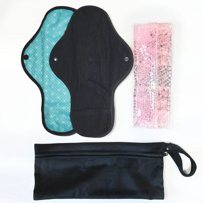 Règle douloureuse : 2 serviettes + 2 pads soulageant chaud / froid + 1 pochette